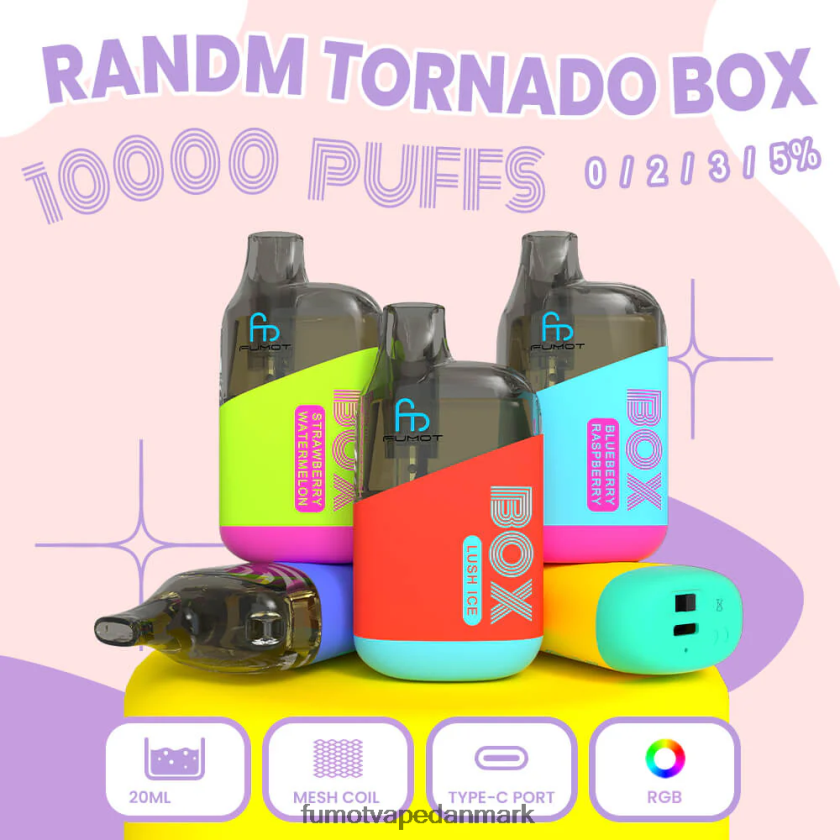 Fumot Danmark - Fumot Tornado 10000 engangs vape pod box - 20ml (1 stk) 4686X6361 blåbær tyggegummi